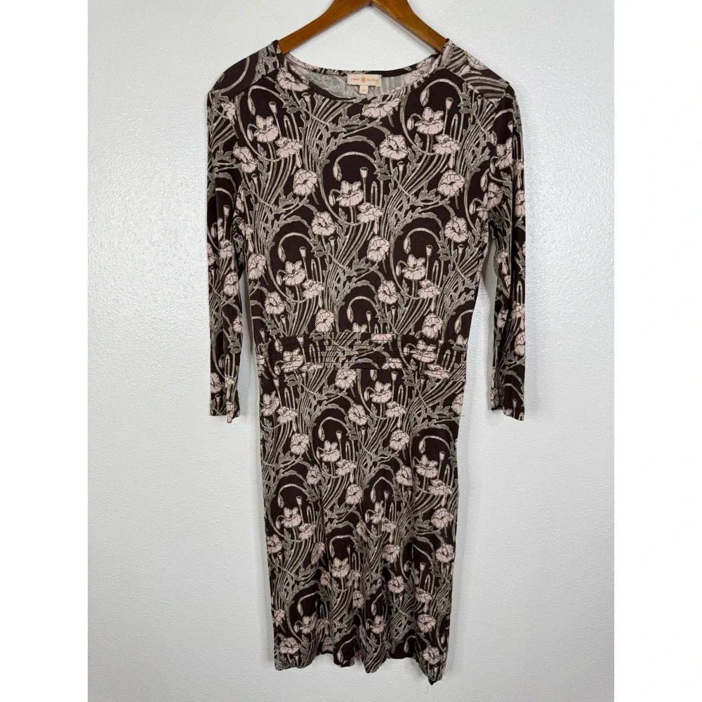 Tory Burch Dagny Silk Dress Brown Pink Floral Art Nouveau Jersey 3/4 Sleeve S